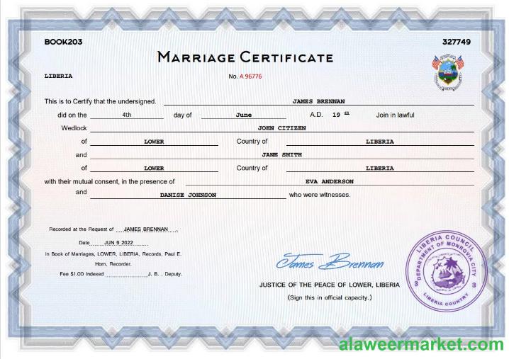 Liberia marriage certificate Word and PDF template